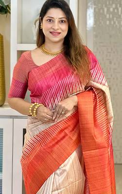 orange tussar silk digital printed saree with tassel pallu 1