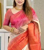 orange tussar silk digital printed saree with tassel pallu