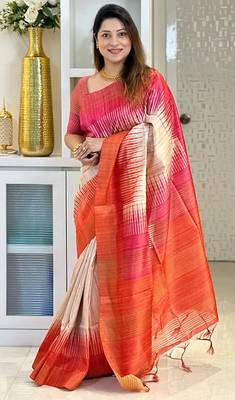 orange tussar silk digital printed saree with tassel pallu 2