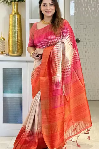 orange tussar silk digital printed saree with tassel pallu