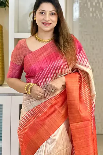 orange tussar silk digital printed saree with tassel pallu