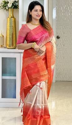 orange tussar silk digital printed saree with tassel pallu 4