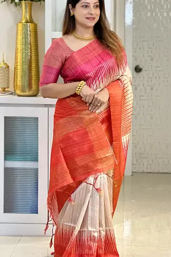 orange tussar silk digital printed saree with tassel pallu