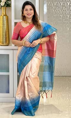 blue tussar silk digital printed saree with tassel pallu 1
