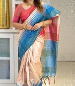 blue tussar silk digital printed saree with tassel pallu