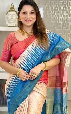 blue tussar silk digital printed saree with tassel pallu 2