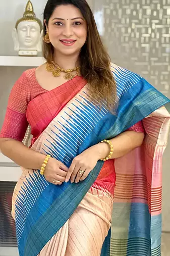 blue tussar silk digital printed saree with tassel pallu