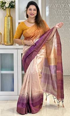purple tussar silk digital printed saree with tassel pallu 1