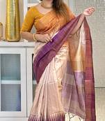 purple tussar silk digital printed saree with tassel pallu