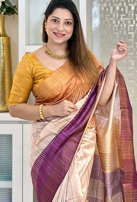 purple tussar silk digital printed saree with tassel pallu 2
