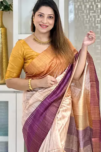 purple tussar silk digital printed saree with tassel pallu