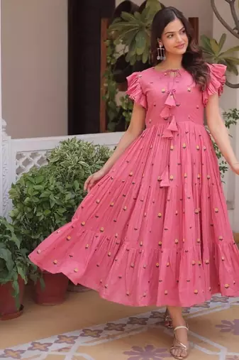 Pink cotton with embroidered work stitched kurti for women