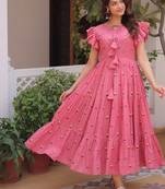 Pink cotton with embroidered work stitched kurti for women