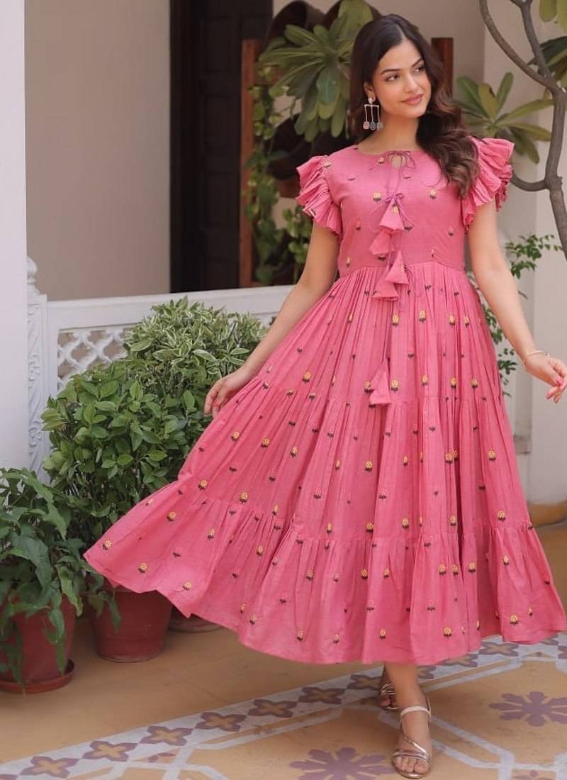 Pink cotton with embroidered work stitched kurti for women