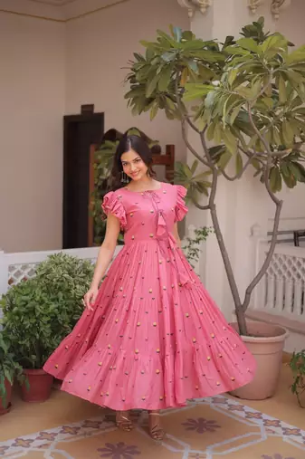 Pink cotton with embroidered work stitched kurti for women