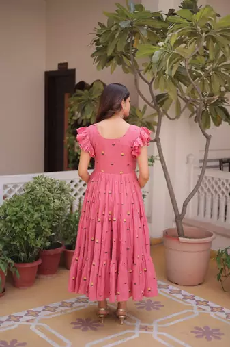 Pink cotton with embroidered work stitched kurti for women