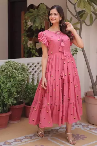 Pink cotton with embroidered work stitched kurti for women