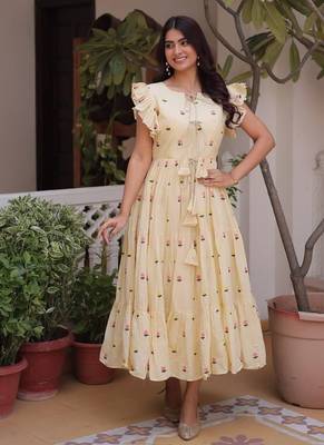 Cream cotton with embroidered work stitched kurti for women 1