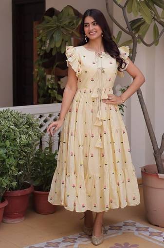 Cream cotton with embroidered work stitched kurti for women