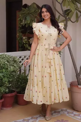 Cream cotton with embroidered work stitched kurti for women