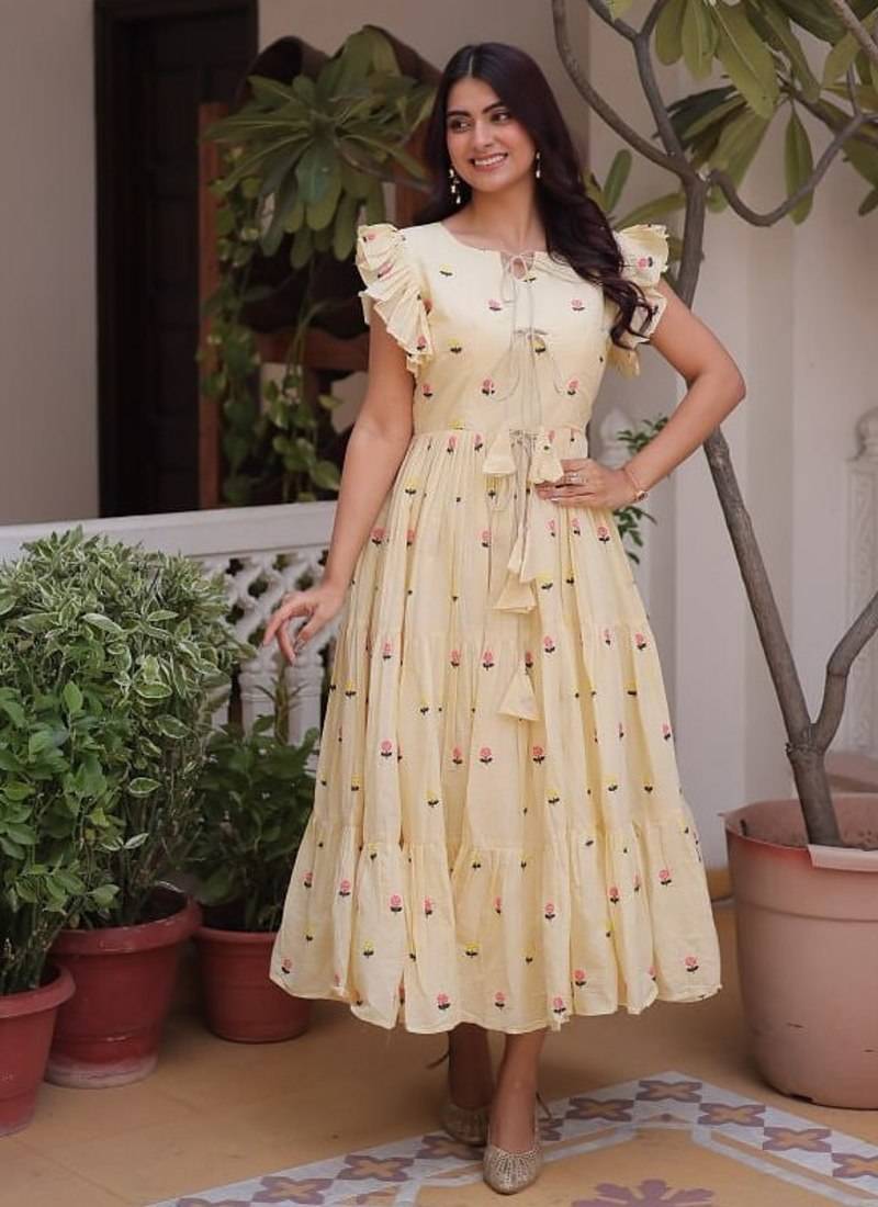 Cream cotton with embroidered work stitched kurti for women