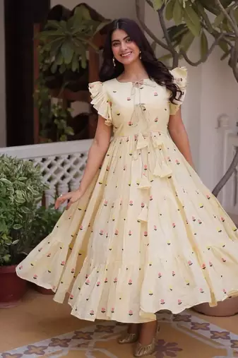 Cream cotton with embroidered work stitched kurti for women