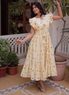 Cream cotton with embroidered work stitched kurti for women 5