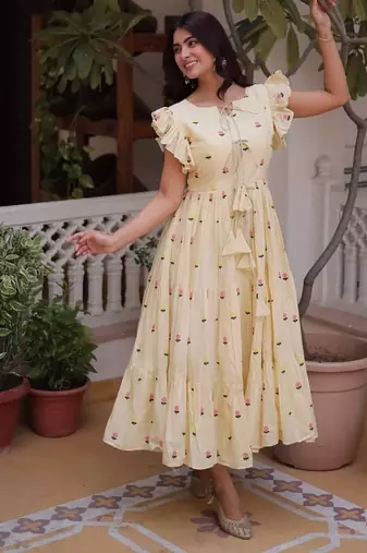 Cream cotton with embroidered work stitched kurti for women