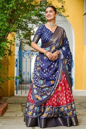 Blue Color Print Work Jacquard Lehanga Choli Set