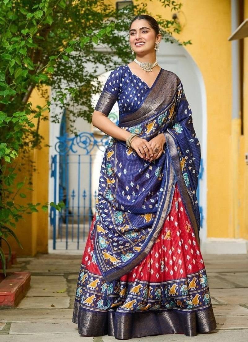 Blue Color Print Work Jacquard Lehanga Choli Set