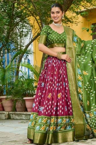 Green Color Print Work Jacquard Lehanga Choli Set