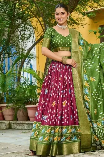 Green Color Print Work Jacquard Lehanga Choli Set