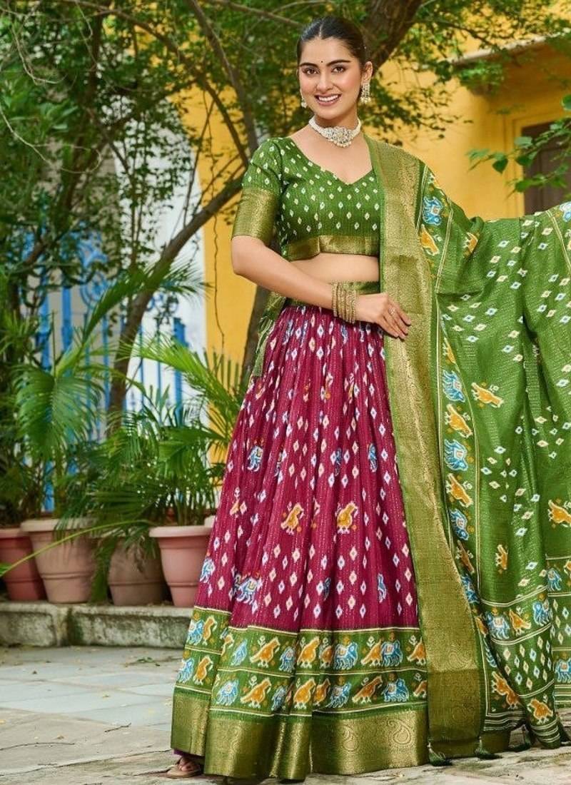 Green Color Print Work Jacquard Lehanga Choli Set