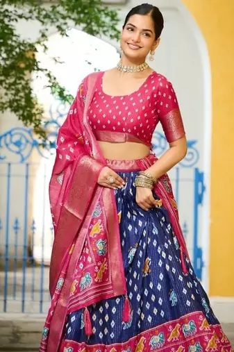 Rani Pink Color Print Work Jacquard Lehanga Choli Set