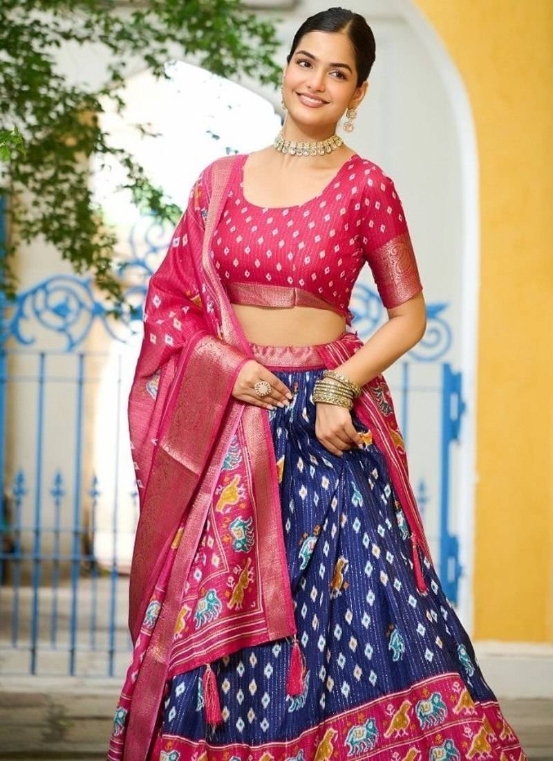 Rani Pink Color Print Work Jacquard Lehanga Choli Set