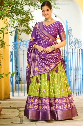 Violet Color Print Work Jacquard Lehanga Choli Set