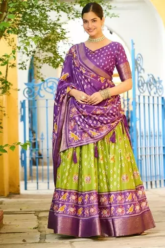 Violet Color Print Work Jacquard Lehanga Choli Set