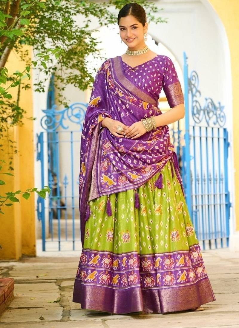 Violet Color Print Work Jacquard Lehanga Choli Set