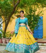 Yellow Color Print Work Jacquard Lehanga Choli Set