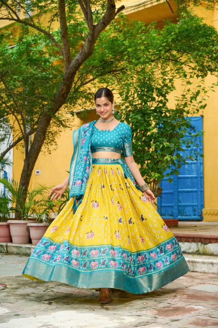 Yellow Color Print Work Jacquard Lehanga Choli Set