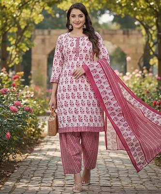 Pink printed cotton blend stitched floral print salwar kurta dupatta for women 5