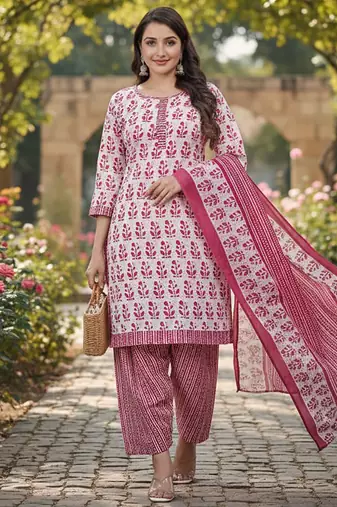 Pink printed cotton blend stitched floral print salwar kurta dupatta for women
