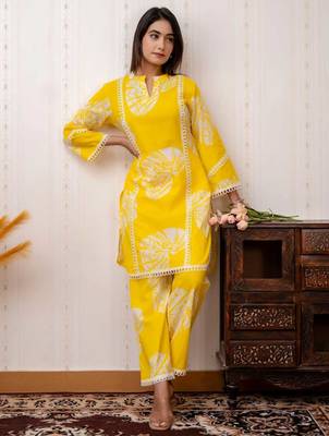 Women Yellow Printed Kurta Pant Set | Stylish Straight Kurti with Palazzo Set |  Ethnic Wear for Women  1