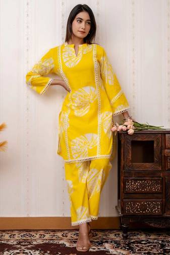 Women Yellow Printed Kurta Pant Set | Stylish Straight Kurti with Palazzo Set |  Ethnic Wear for Women 