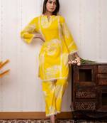 Women Yellow Printed Kurta Pant Set | Stylish Straight Kurti with Palazzo Set |  Ethnic Wear for Women 