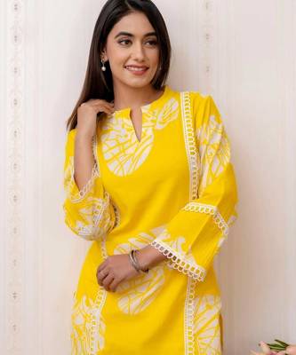 Women Yellow Printed Kurta Pant Set | Stylish Straight Kurti with Palazzo Set |  Ethnic Wear for Women  3