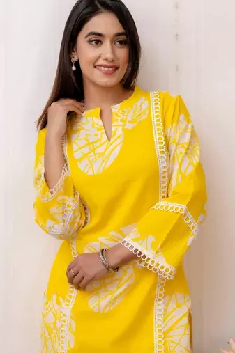 Women Yellow Printed Kurta Pant Set | Stylish Straight Kurti with Palazzo Set |  Ethnic Wear for Women 