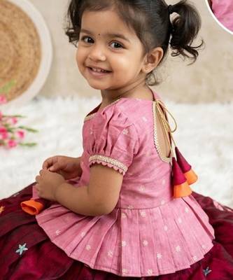 Girls pink tissue silk choli with ranipink floral embroidered lehenga set 1