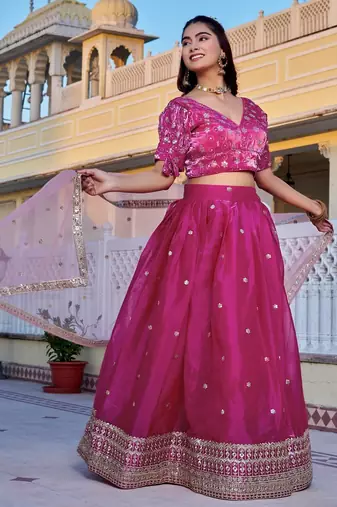 Pink Color Embroidery With Zari Thread & Sequence Work Silk Lehanga Choli Set  