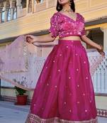 Pink Color Embroidery With Zari Thread & Sequence Work Silk Lehanga Choli Set  